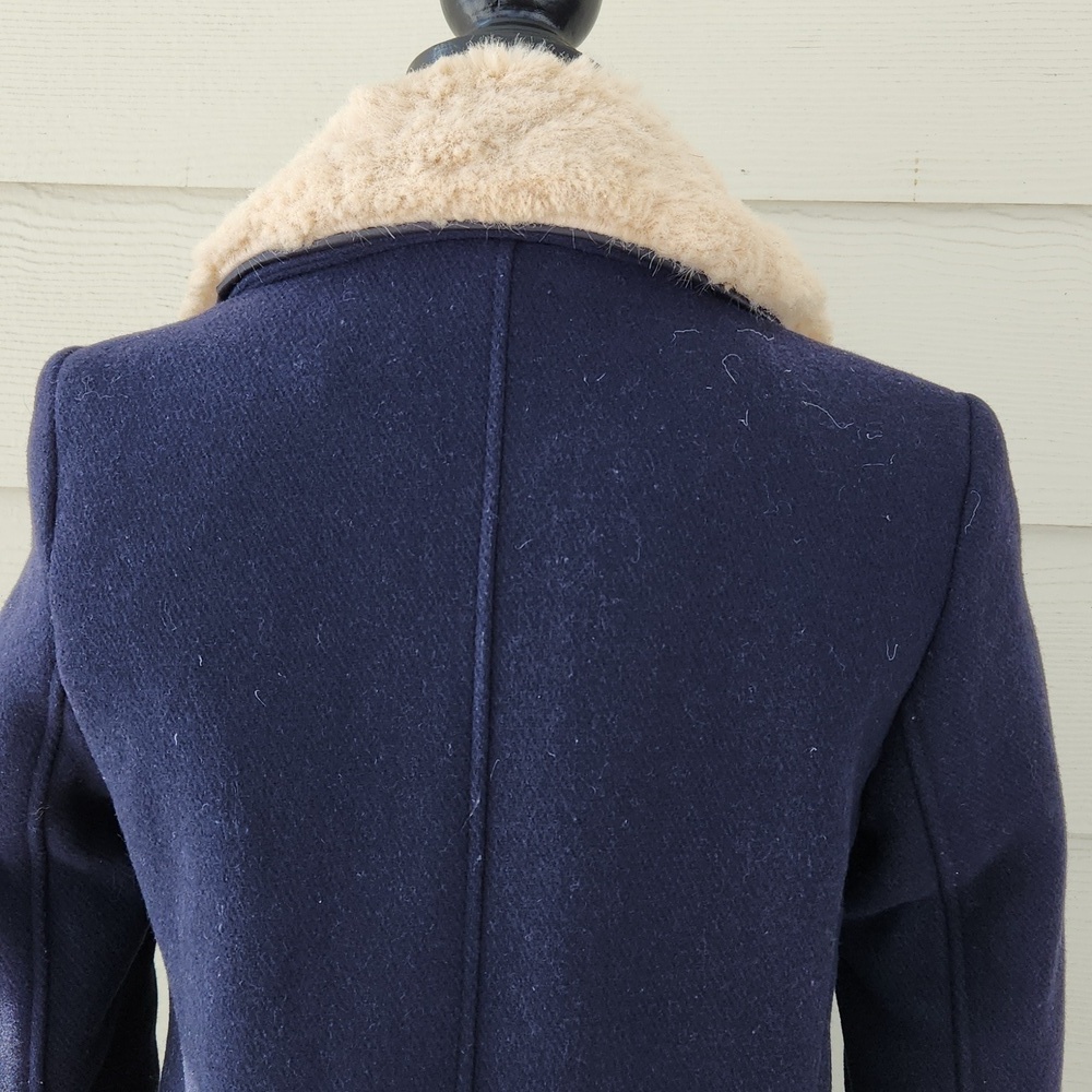 ZARA Trafaluc Outerwear Navy Wool Double-breasted Coat Faux Fur Collar (S) - Picture 5 of 16